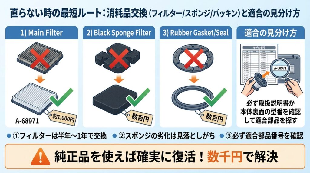 直らない時の最短ルート：消耗品交換（フィルター/スポンジ/パッキン）と適合の見分け方