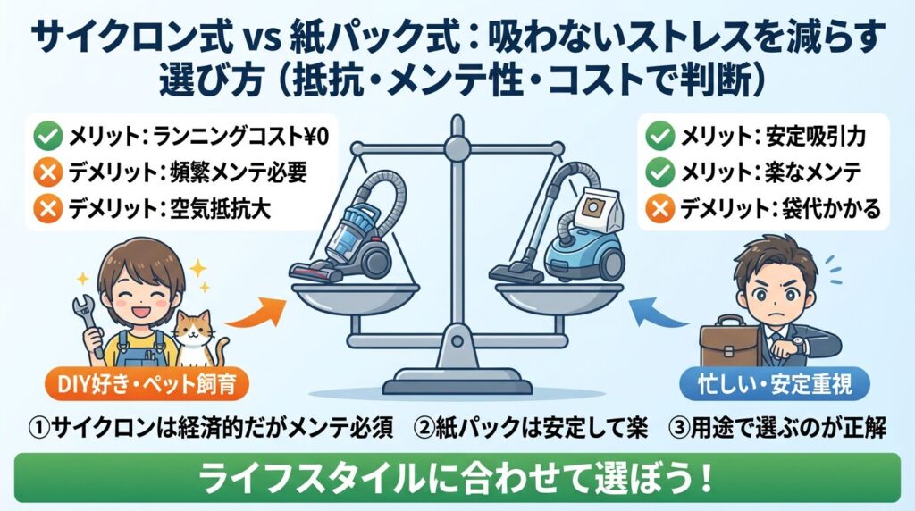 サイクロン式 vs 紙パック式：吸わないストレスを減らす選び方（抵抗・メンテ性・コストで判断）