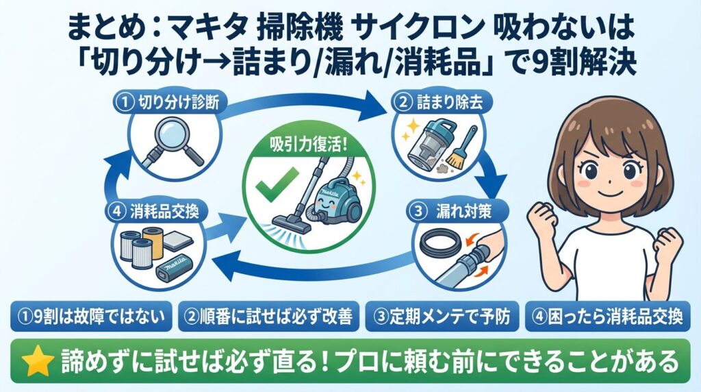 まとめ：マキタ 掃除機 サイクロン 吸わないは「切り分け→詰まり/漏れ/消耗品」で9割解決