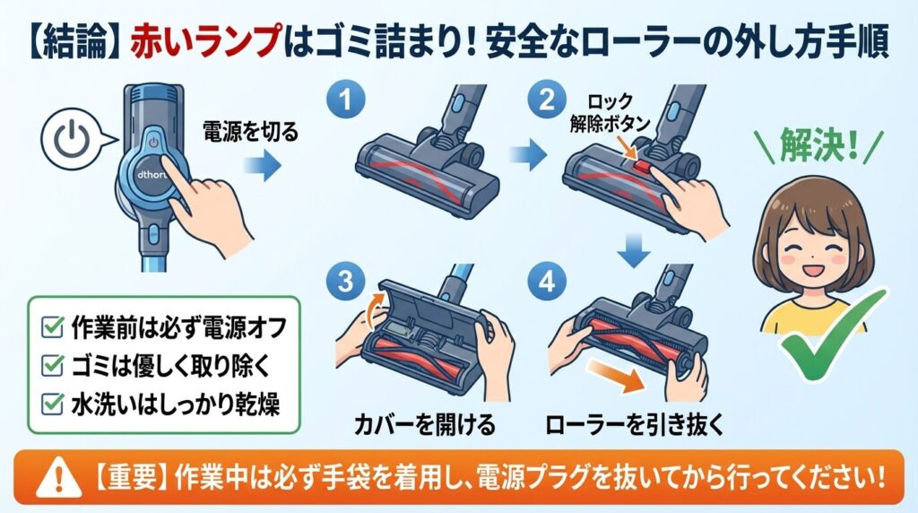 【結論】赤いランプはゴミ詰まり！安全なローラーの外し方手順