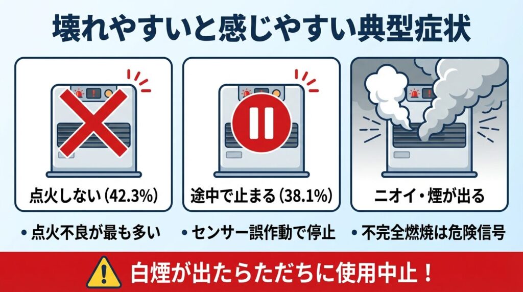 壊れやすいと感じやすい典型症状（点火しない／途中で止まる／ニオイ・煙）
