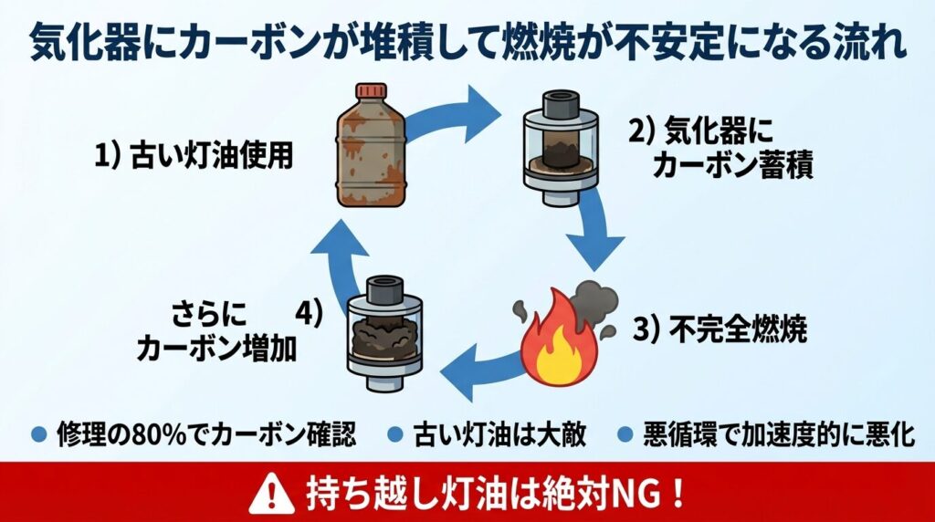 気化器にカーボンが堆積して燃焼が不安定になる流れ