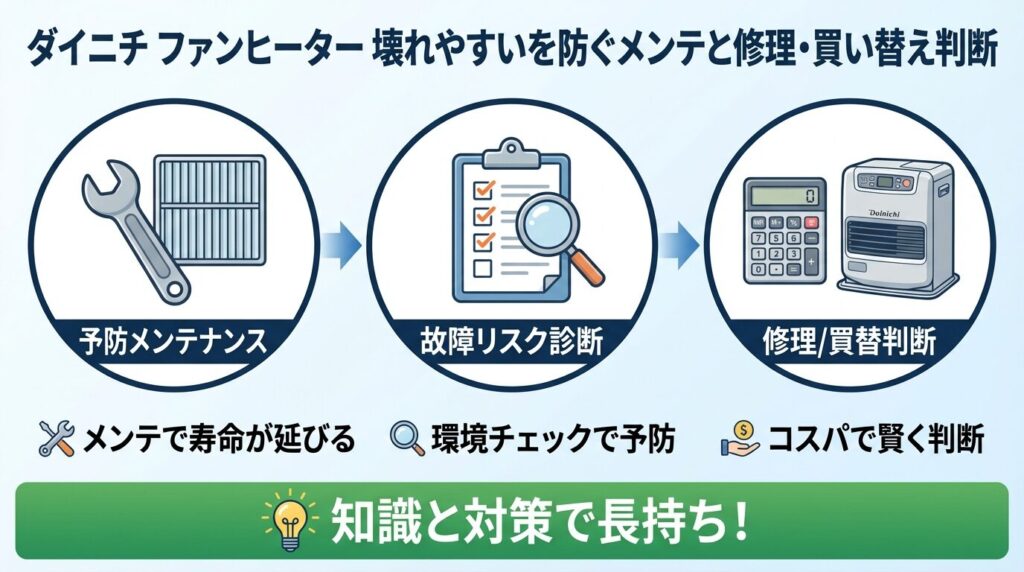 ダイニチ ファンヒーター 壊れやすいを防ぐメンテと修理・買い替え判断