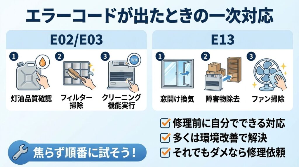 エラーコードが出たときの一次対応（E02・E03・E13などまずやる順）