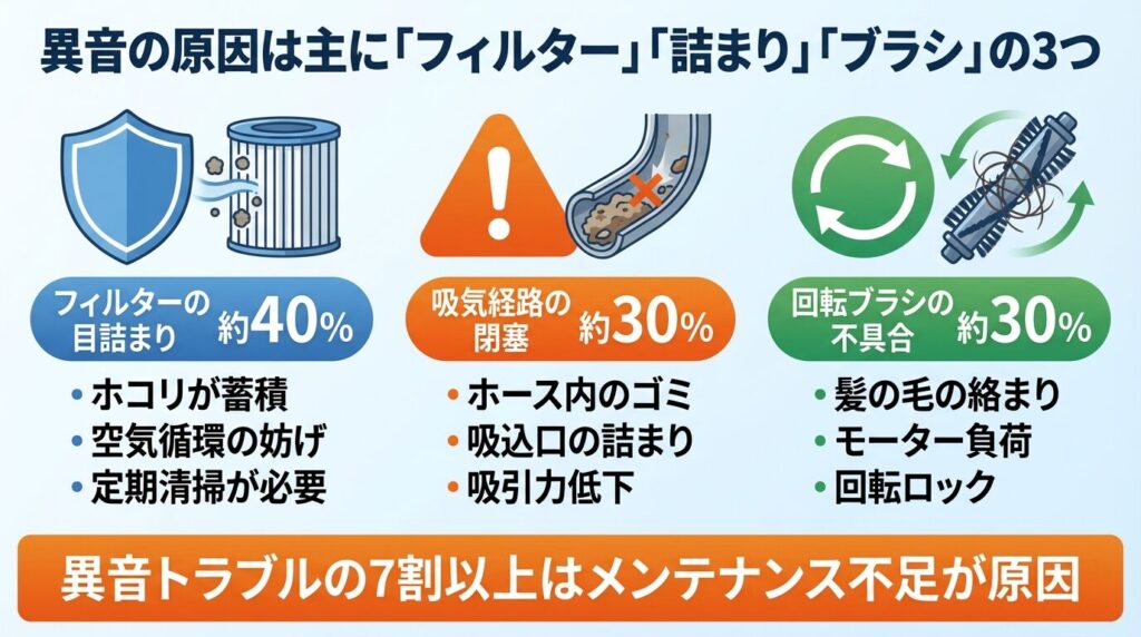 異音の原因は主に「フィルター」「詰まり」「ブラシ」の3つ