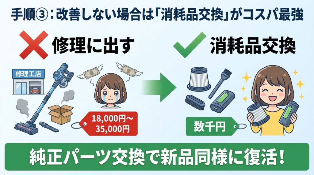 手順③：改善しない場合は「消耗品交換」がコスパ最強