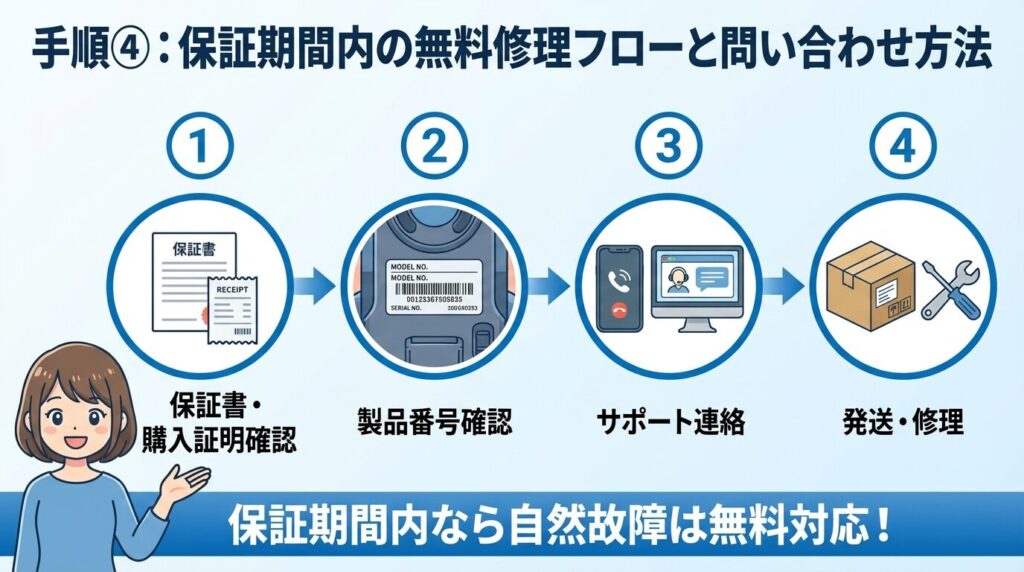 手順④：保証期間内の無料修理フローと問い合わせ方法