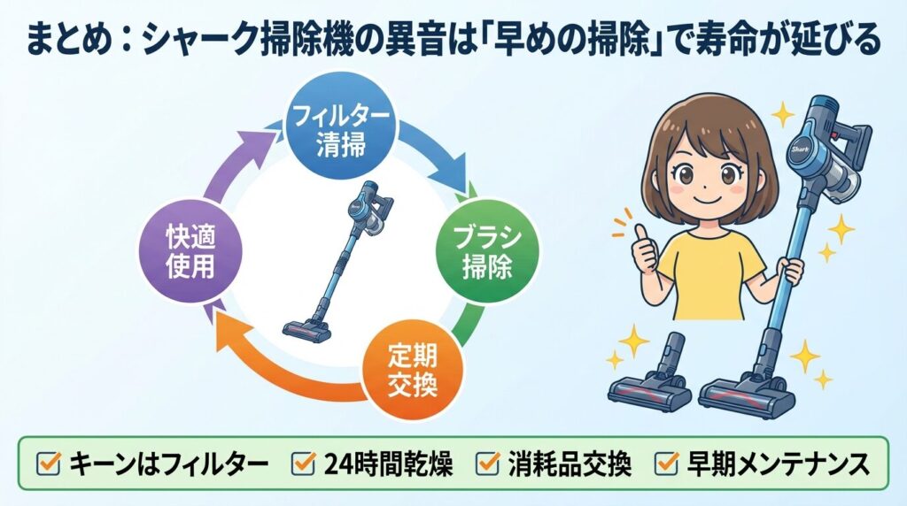 まとめ：シャーク掃除機の異音は「早めの掃除」で寿命が延びる