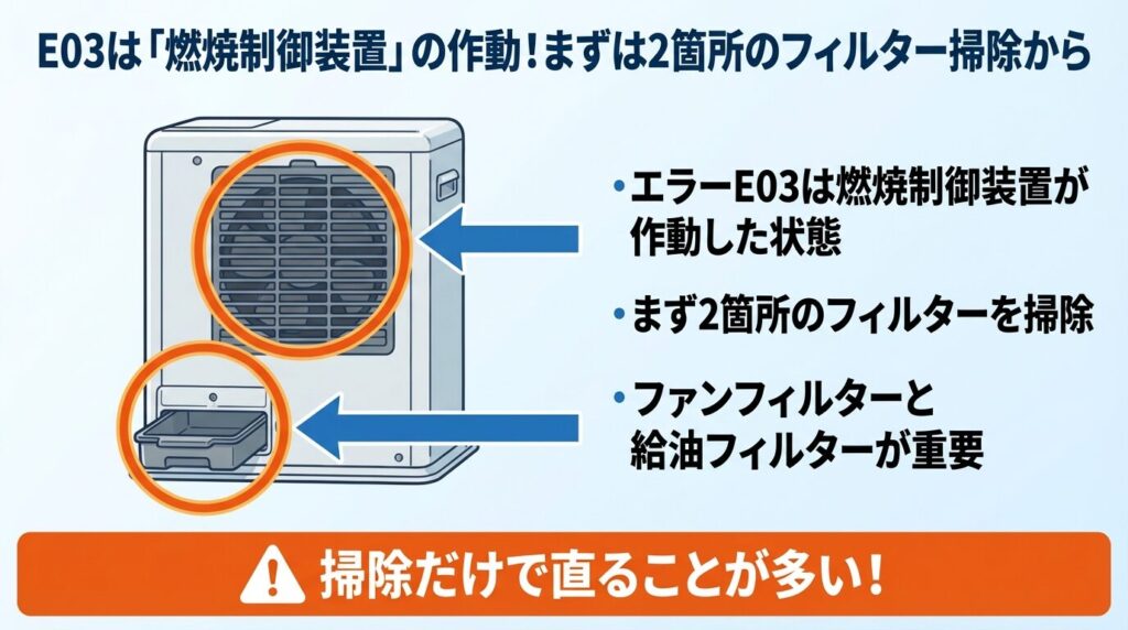 E03は「燃焼制御装置」の作動！まずは2箇所のフィルター掃除から
