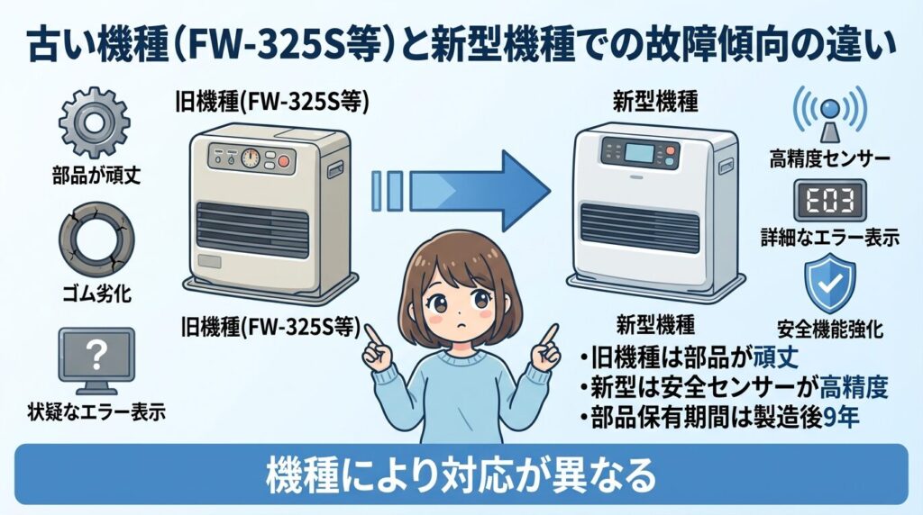 古い機種（FW-325S等）と新型機種での故障傾向の違い