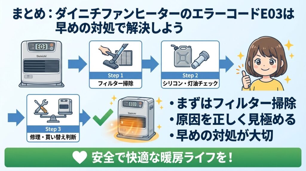 まとめ：ダイニチファンヒーターのエラーコードE03は早めの対処で解決しよう