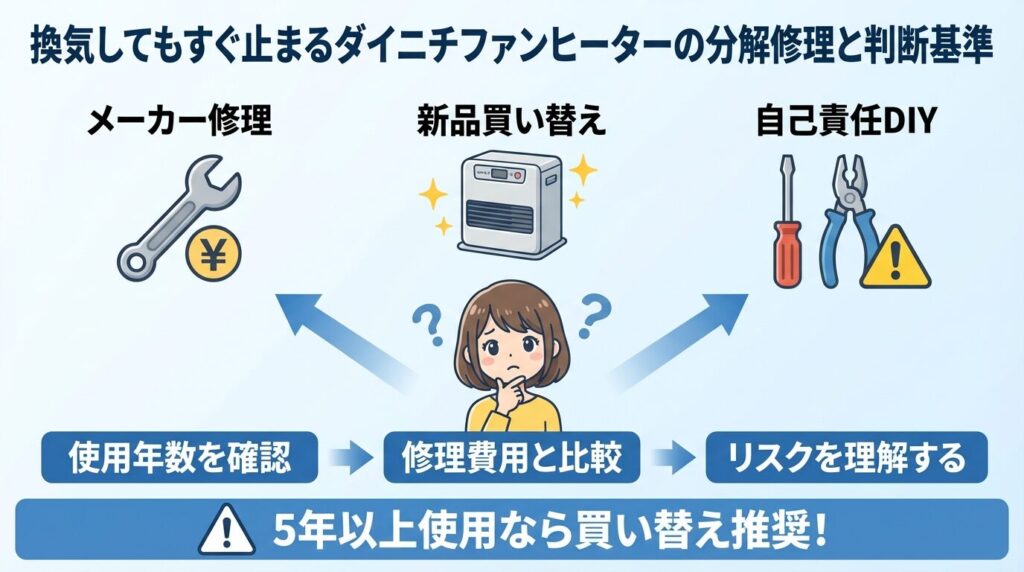 . 換気してもすぐ止まるダイニチファンヒーターの分解修理と判断基準