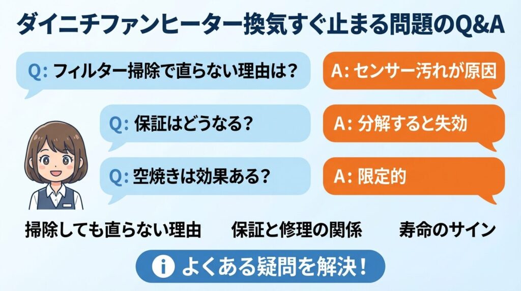 ダイニチファンヒーター換気すぐ止まる問題のQ&A