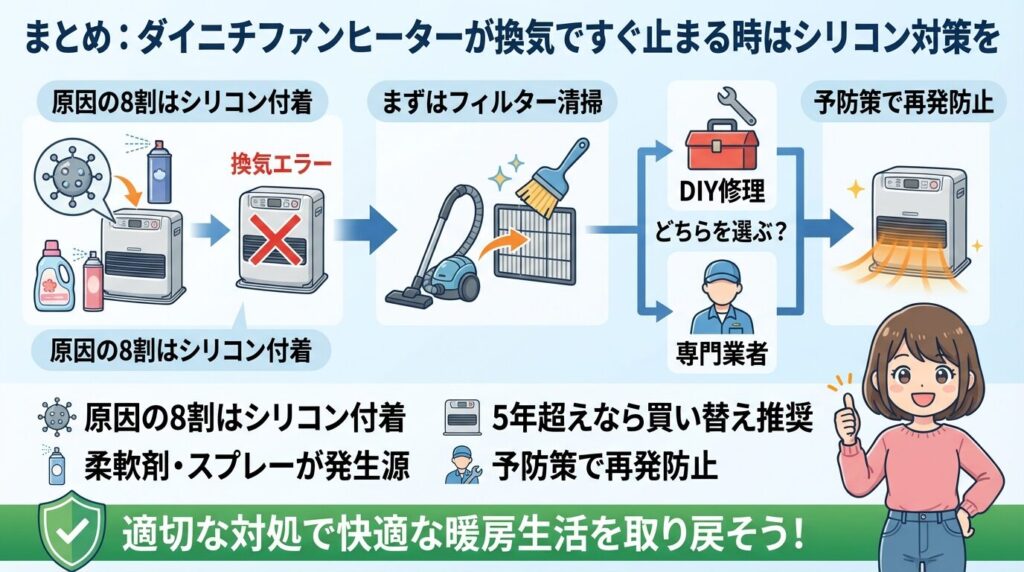 まとめ:ダイニチファンヒーターが換気ですぐ止まる時はシリコン対策を