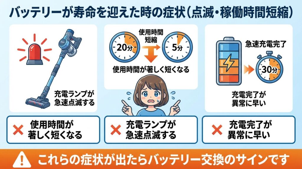 バッテリーが寿命を迎えた時の症状（点滅・稼働時間短縮）