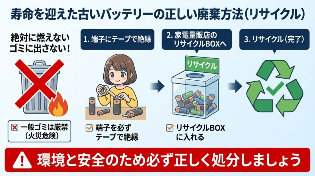 寿命を迎えた古いバッテリーの正しい廃棄方法（リサイクル）