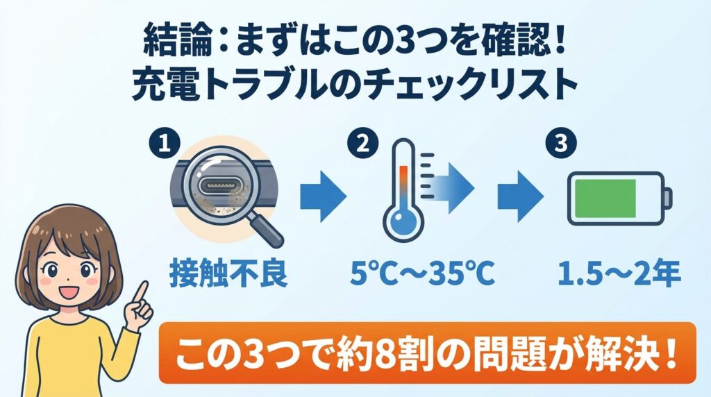 結論：まずはこの3つを確認！充電トラブルのチェックリスト