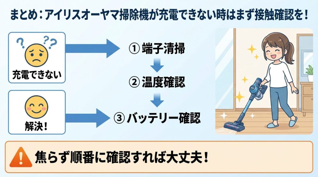 まとめ：アイリスオーヤマ掃除機が充電できない時はまず接触確認を！