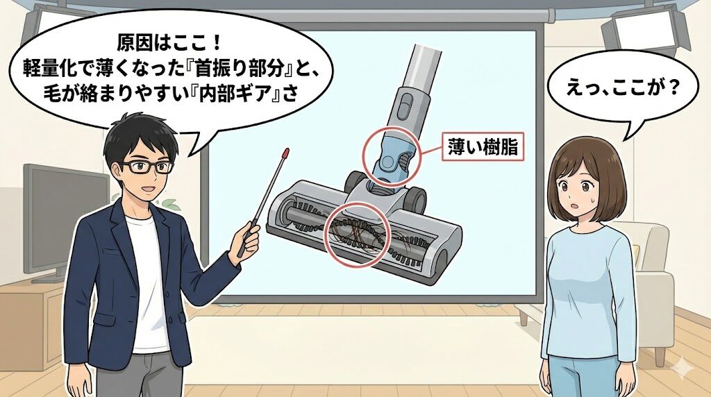結論:軽量化による「首振り部分」と「内部ギア」の脆弱性が主因