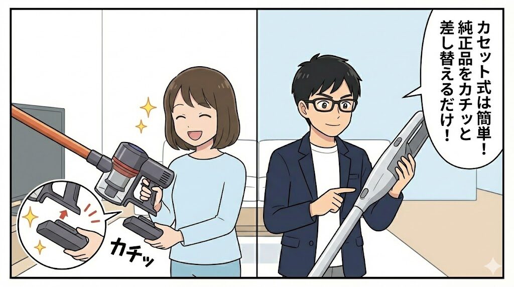 カセット式(着脱式)の純正バッテリー型番と交換手順