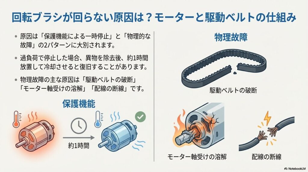 回転ブラシが回らない原因は?モーターと駆動ベルトの仕組み