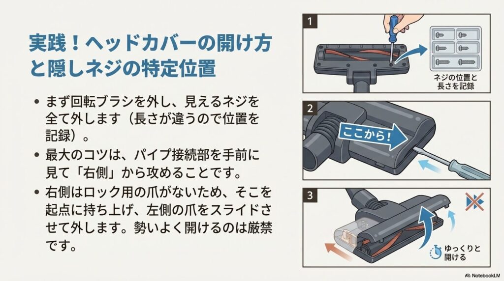 実践!ヘッドカバーの開け方と隠しネジの特定位置