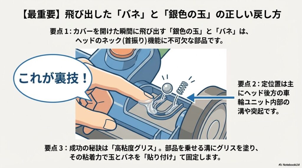 【最重要】飛び出した「バネ」と「銀色の玉」の正しい戻し方