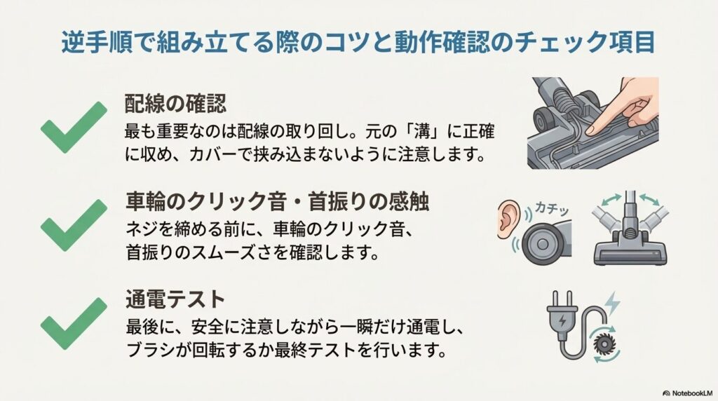 逆手順で組み立てる際のコツと動作確認のチェック項目