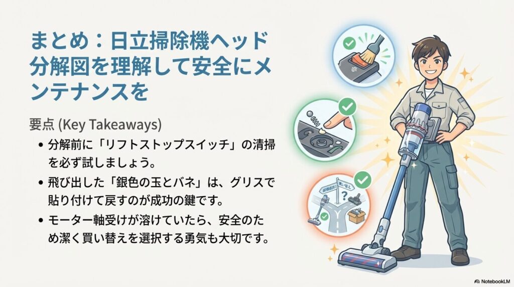 まとめ:日立掃除機ヘッド分解図を理解して安全にメンテナンスを