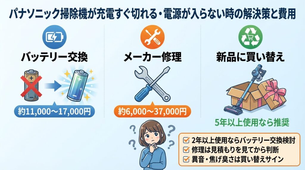 パナソニック掃除機が充電すぐ切れる・電源が入らない時の解決策と費用