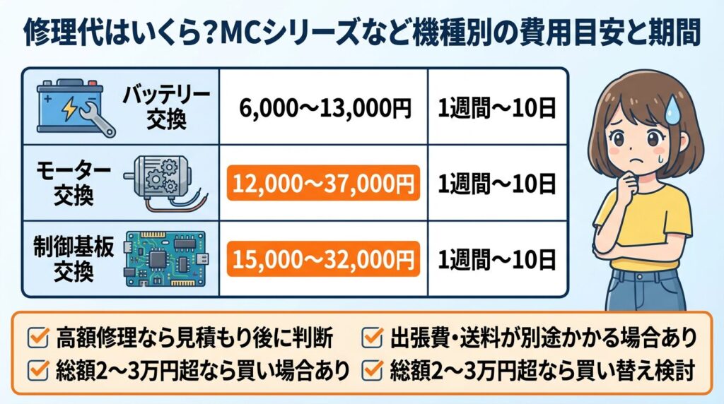 修理代はいくら?MCシリーズなど機種別の費用目安と期間