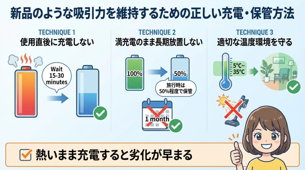 新品のような吸引力を維持するための正しい充電・保管方法