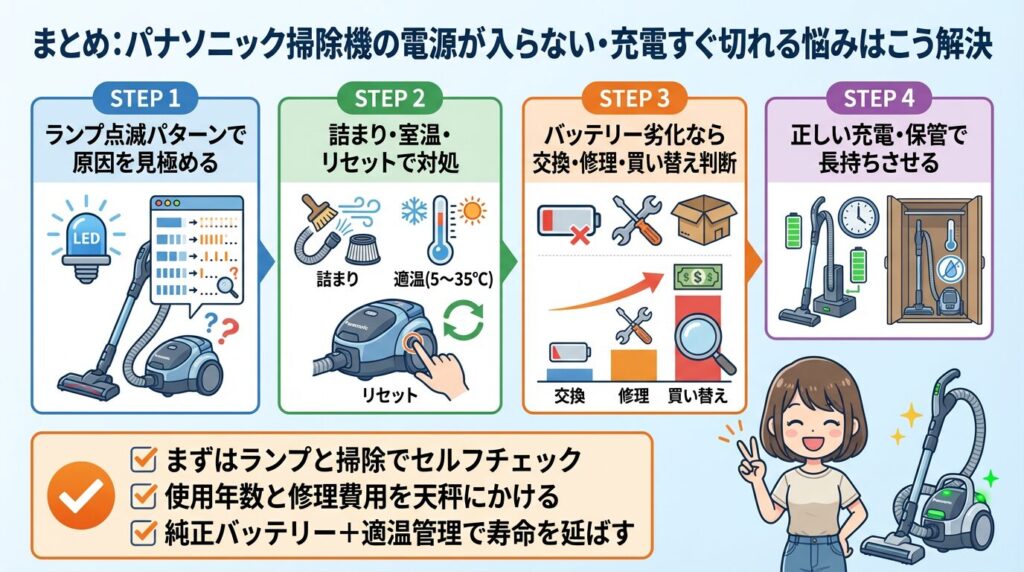 まとめ:パナソニック掃除機の電源が入らない・充電すぐ切れる悩みはこう解決