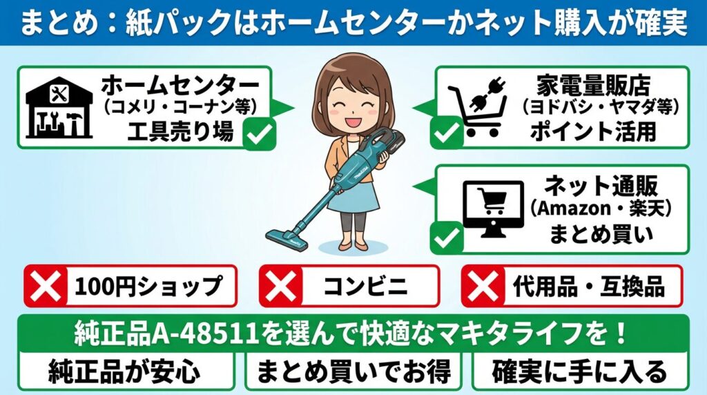 まとめ：マキタ掃除機の紙パックはホームセンターかネット購入が確実