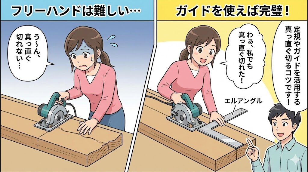 自作ガイドや定規でまっすぐ切るコツ