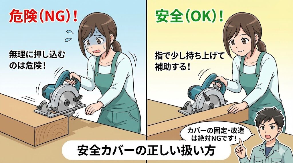 安全カバーの機能と角材を切る時の注意点