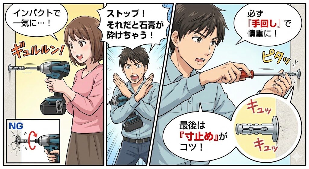 ドライバーでのねじ込み式ボードアンカーの打ち方