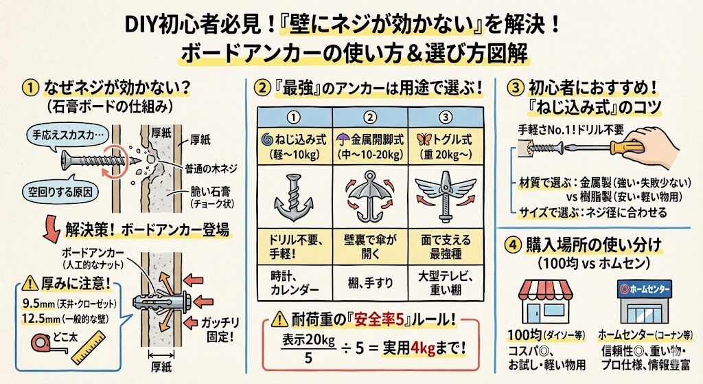 壁にネジが効かない時のボードアンカーの使い方と選び方