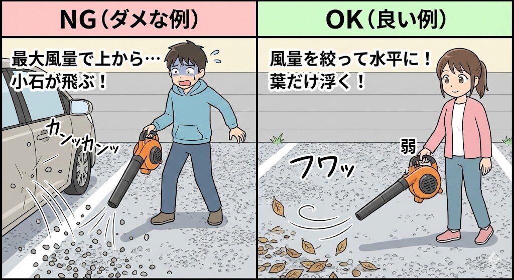 難関の砂利にある落ち葉を掃除するテクニック