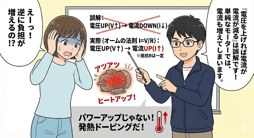 電圧上昇で電流が減るという誤解を解説