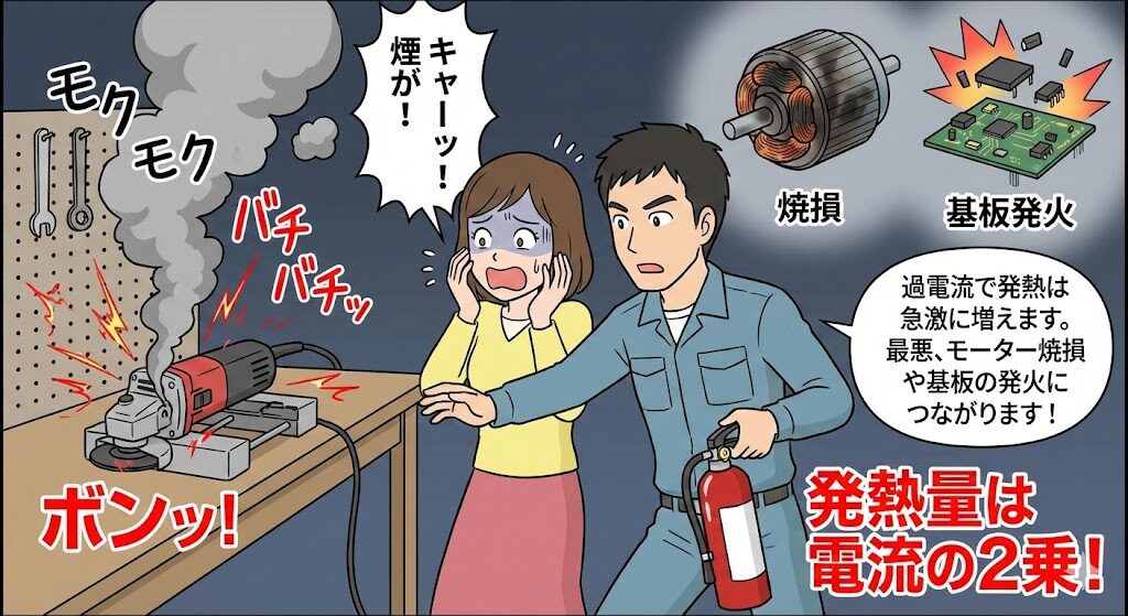 過負荷によるモーター焼損や発火の恐れ