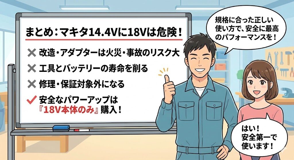 まとめ：マキタ14.4vに18vをつけるのは危険