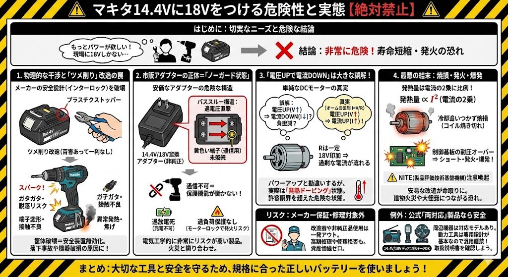 マキタ14.4vに18vをつけるのは危険！改造のリスクと対処法