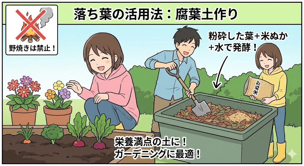 集めた落ち葉の回収方法と腐葉土への活用