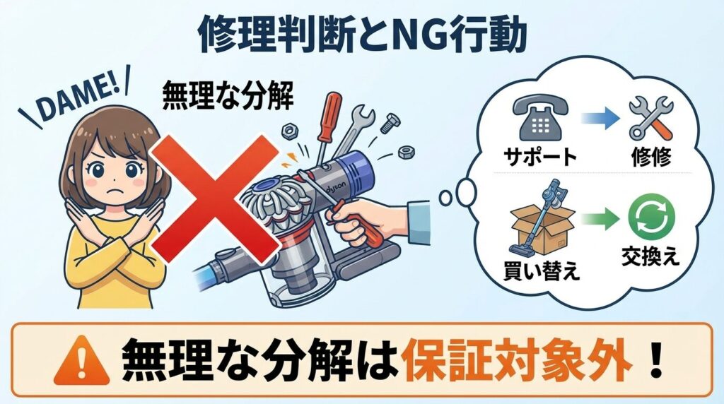 ダイソン掃除機が吸わない状態が続く時の修理判断とNG行動