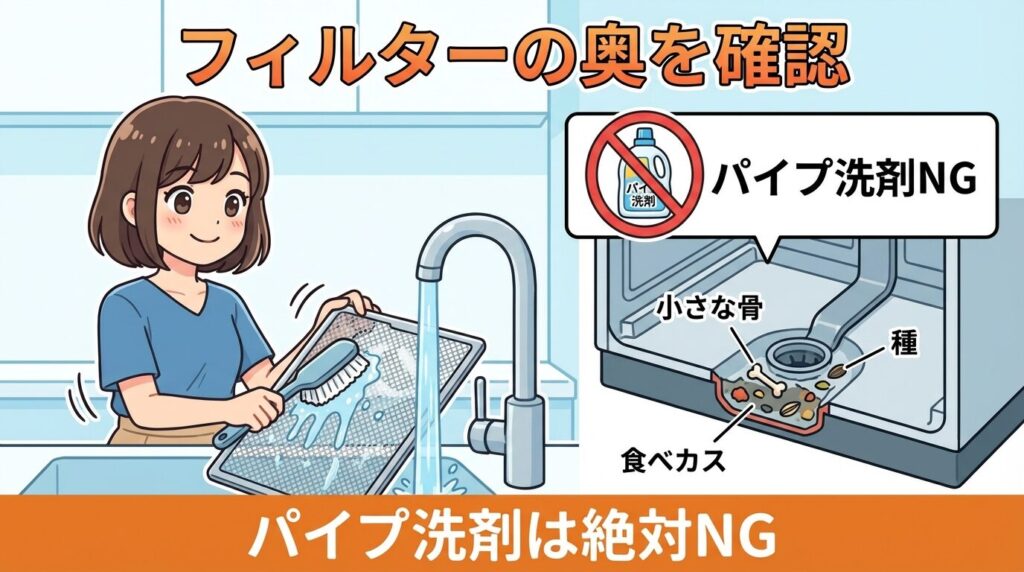 物理的な詰まりかも？残菜フィルターと排水ポンプの確認