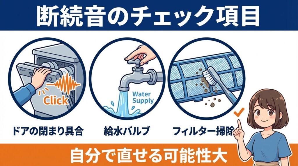「ピピピピ」と断続音が鳴る場合：ドア・給水・排水の確認