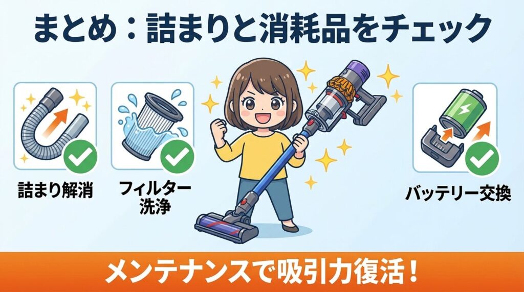 まとめ：ダイソン掃除機が吸わない時は「詰まり」と「消耗品」をまず疑おう