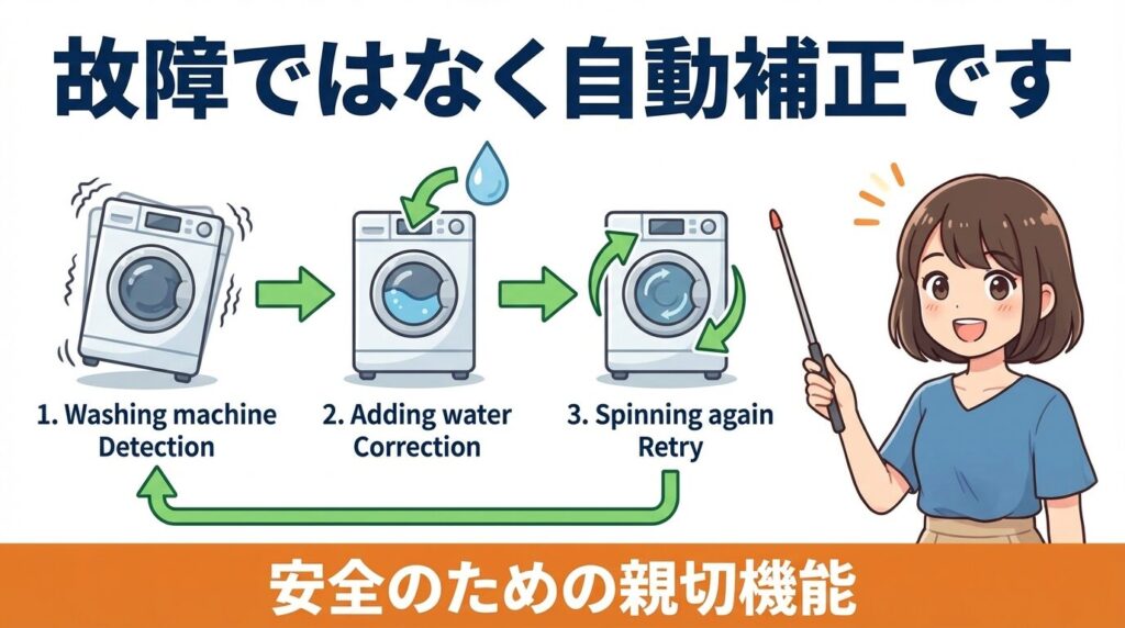 結論：すすぎに戻る現象は「自動補正機能」の作動が理由