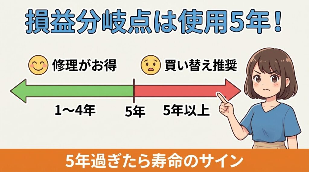 【損益分岐点】使用5年以上なら修理より買い替えが得
